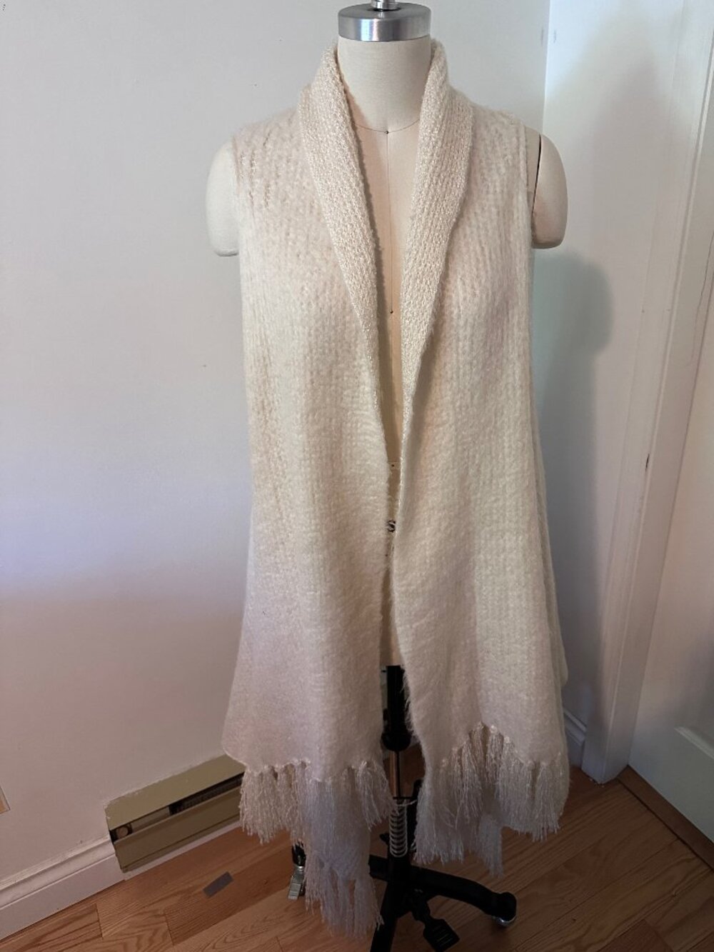 Betsey Johnson Cream Longline Fringe Knit Vest Cardigan